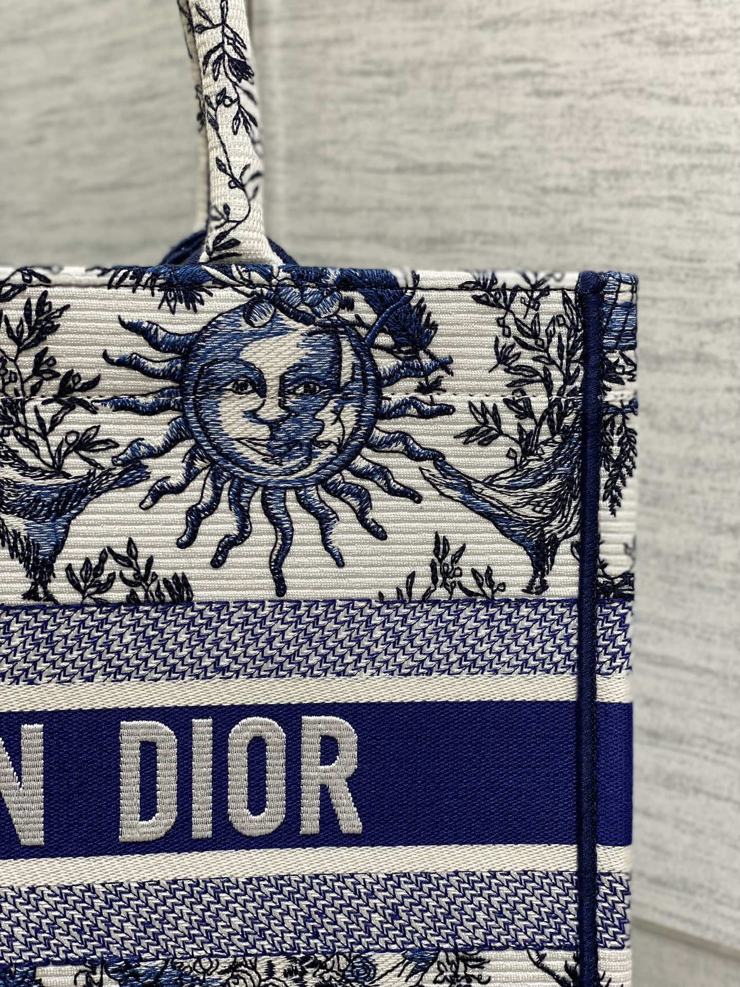 Medium Dior Book Tote Bag White and Navy Blue Toile de Jouy Soleil Embroidery